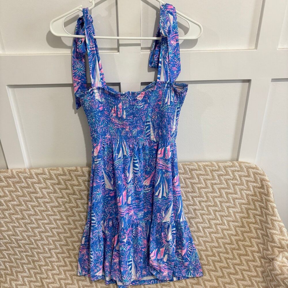 Lilly Pulitzer Kailua Smocked Shoulder Tie Dress Boca Blue - Picture 8 of 11
